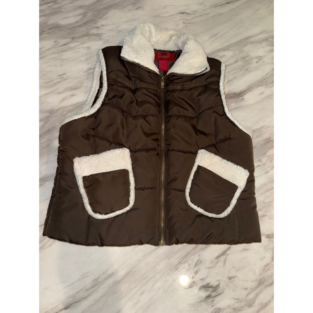 Paris Blues Brown Puffer Vest Sherpa Collar Pockets Size L
